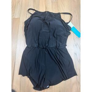 NWT $45 Aqua Green [ Medium] High Neck Swim Romper w/ Pockets in Black #4712